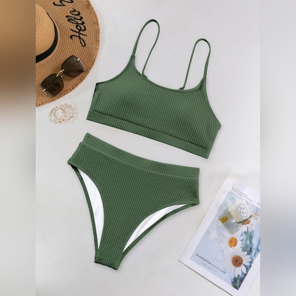 Olive Green Ribbed Bikini Set - Picture 4 of 11